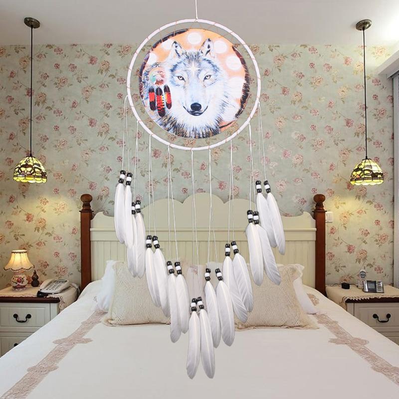 Wolf Printed Dream Catcher Net Feather Bead Dreamcatcher Hanging Ornament decor