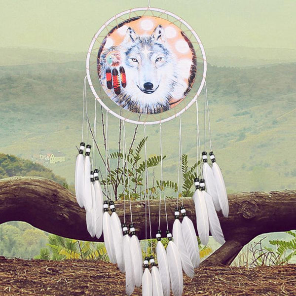 Wolf Printed Dream Catcher Net Feather Bead Dreamcatcher Hanging Ornament decor