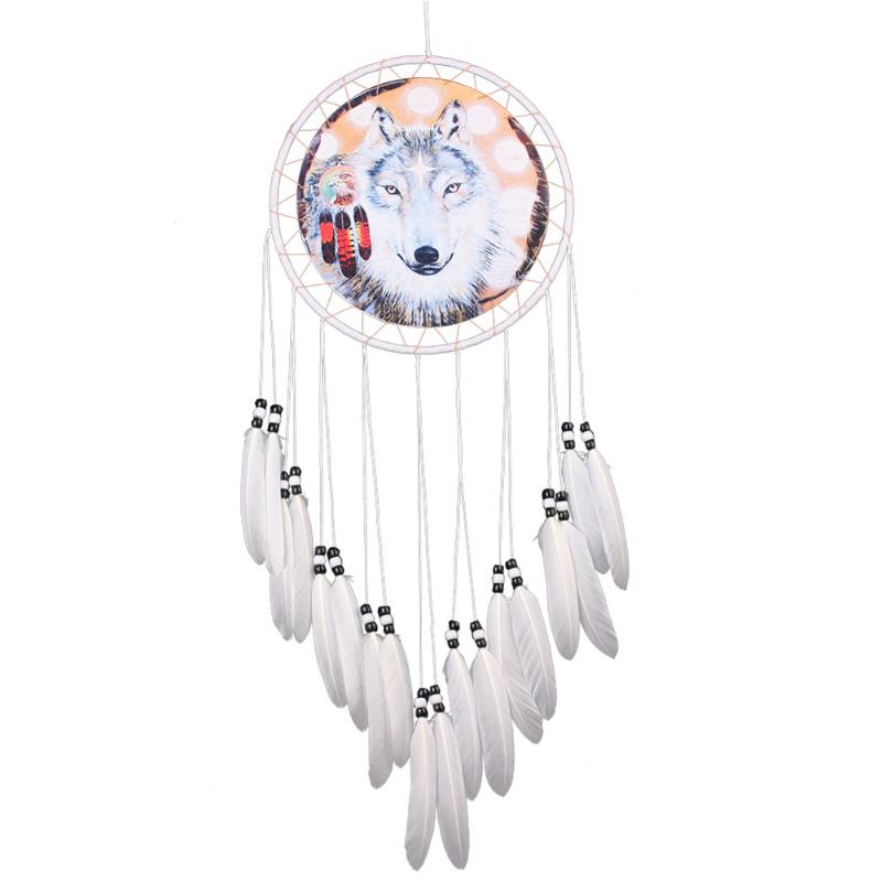 Wolf Printed Dream Catcher Net Feather Bead Dreamcatcher Hanging Ornament decor