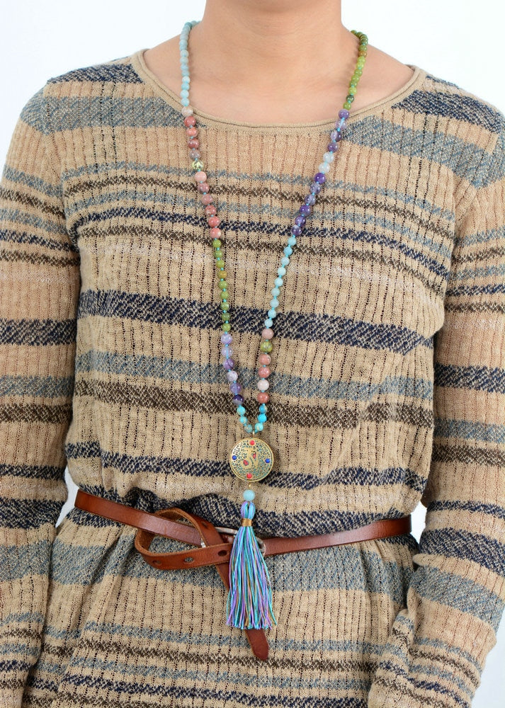 Natural Stone Nepal Charm Long Tassel Necklace