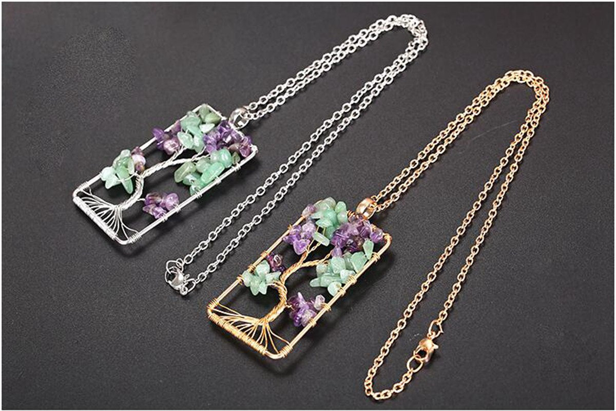 Natural Stone Amethysts Gravel Square Tree Of Life Pendant Necklaces
