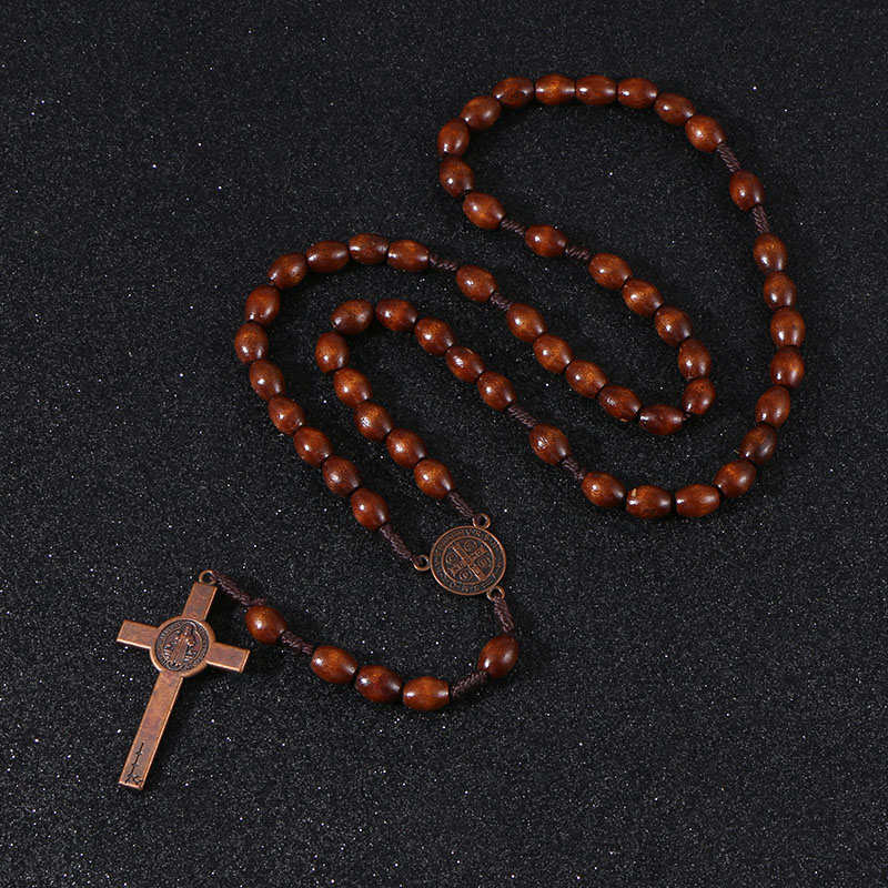 Rosary Bead Cross Pendant Woven Rope Chain Necklace