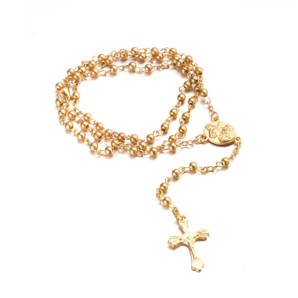 Rosary Necklace Jesus Christ Cross Pendant Necklaces Alloy Bead Long Chain Mens Women