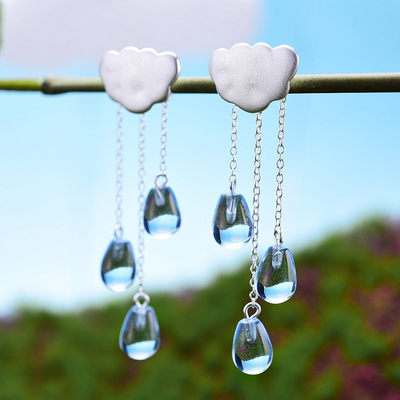 Cloud Long Crystal Gems Tassel Drop Earrings