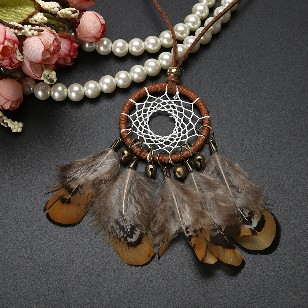Retro Handmade Dreamcatcher Feathers With Bead Long Chain Necklace