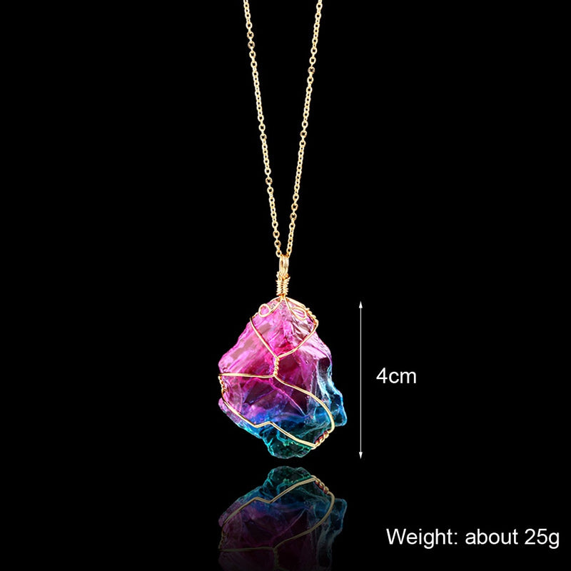 Natural Crystal Irregular Colorful Rainbow Stone Quartz Gold Plated Chakra Rock Pendant Necklace For Women
