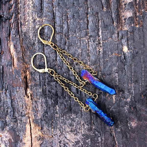 Raw Rainbow Quartz Crystal Drop Earrings