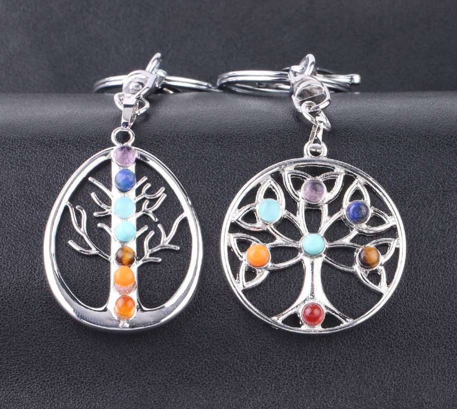 Reiki 7 Chakra Stones Keychain Tree of Life