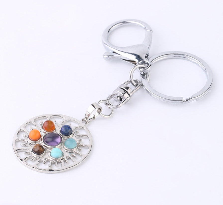 Reiki 7 Chakra Stones Keychain Tree of Life