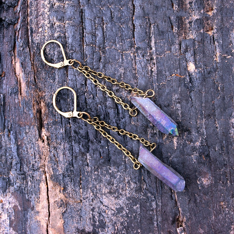 Raw Rainbow Quartz Crystal Drop Earrings
