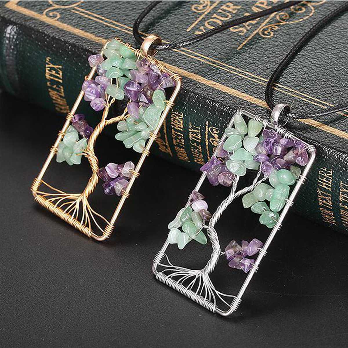 Natural Stone Amethysts Gravel Square Tree Of Life Pendant Necklaces