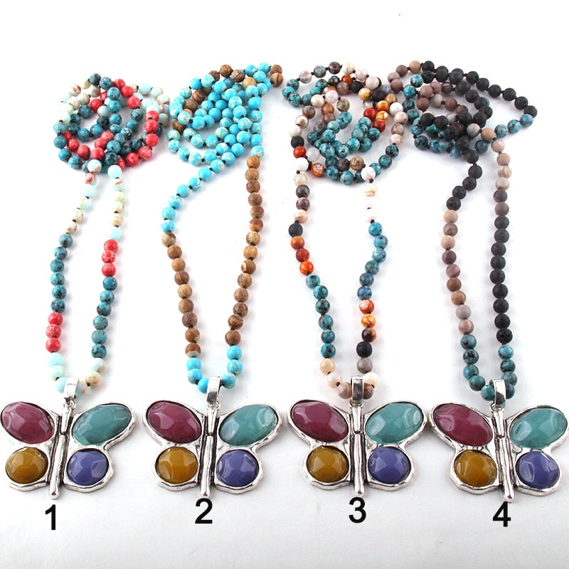 108 Beads Mala Multi Stone Knotted Butterfly Charm Pendant Necklace
