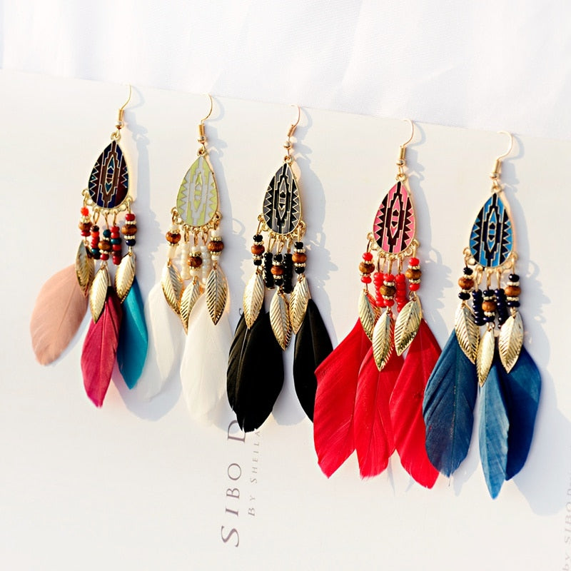 Bohemian Feather Tassel Earrings