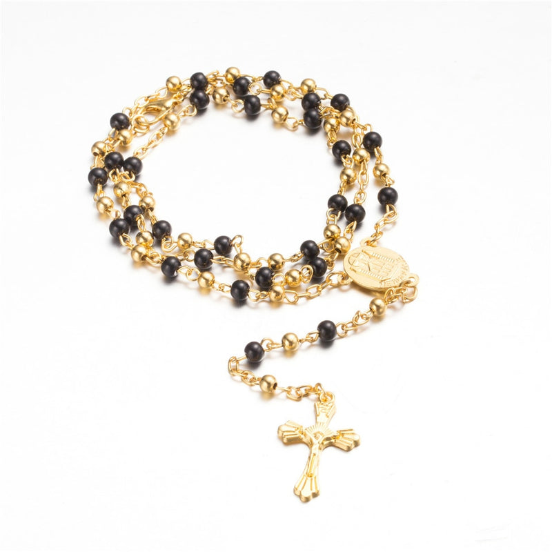 Rosary Necklace Jesus Christ Cross Pendant Necklaces Alloy Bead Long Chain Mens Women