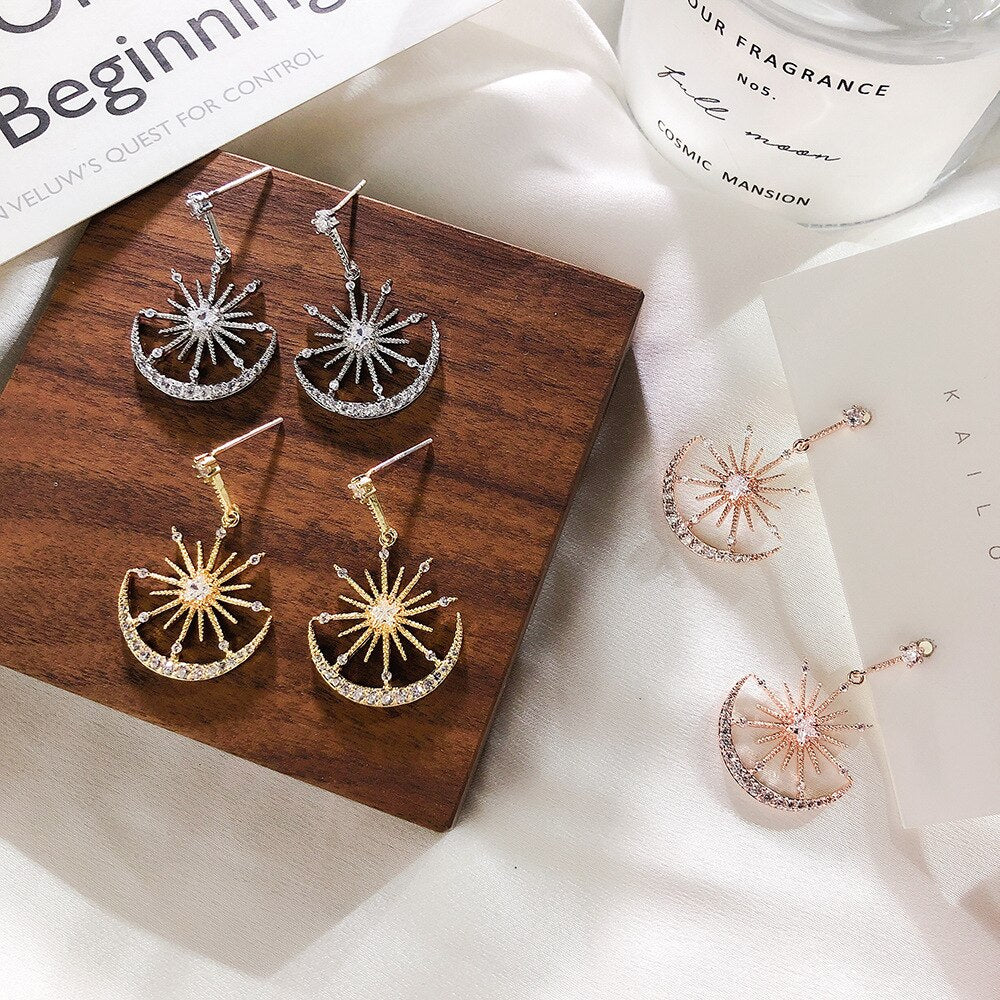 Dangle Solar Moon Crystal Earrings