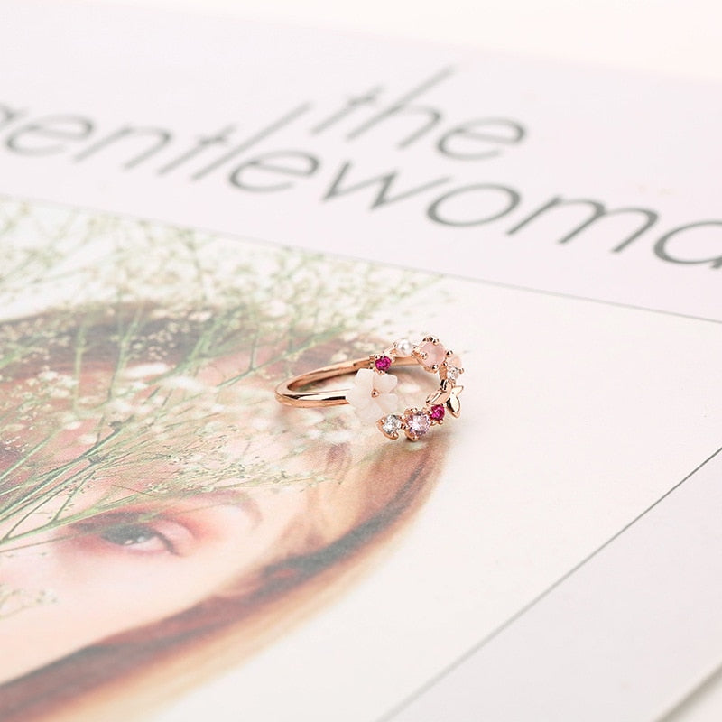 Butterfly Flowers Crystal Finger Wedding Rings