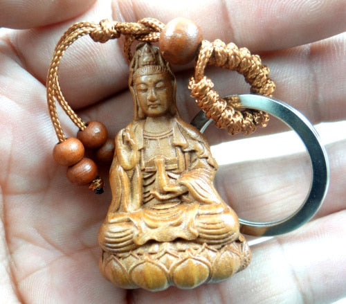 Engraving Guanyin barrel wood keychain