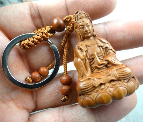 Engraving Guanyin barrel wood keychain
