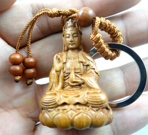 Engraving Guanyin barrel wood keychain