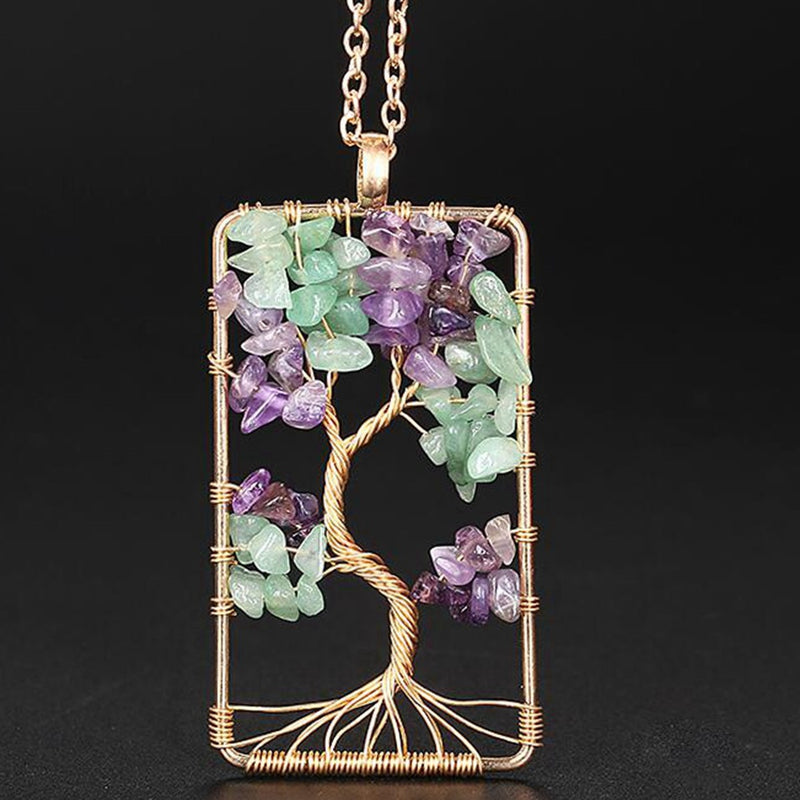 Natural Stone Amethysts Gravel Square Tree Of Life Pendant Necklaces
