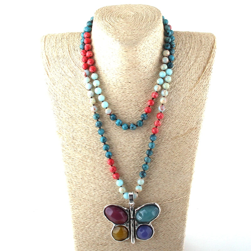 108 Beads Mala Multi Stone Knotted Butterfly Charm Pendant Necklace