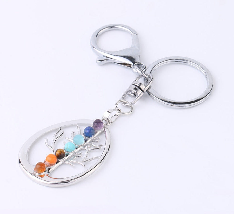 Reiki 7 Chakra Stones Keychain Tree of Life