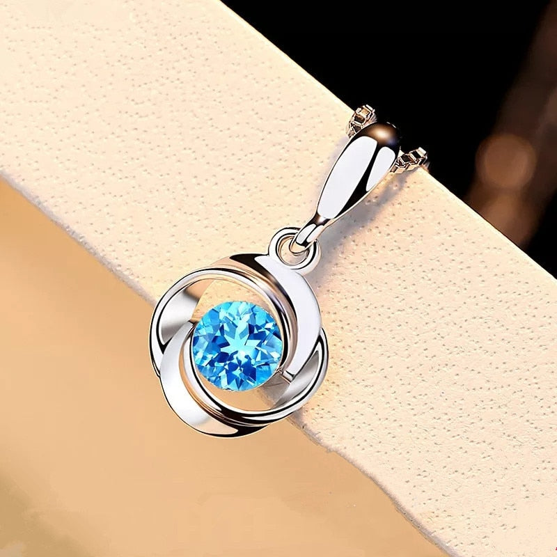 blue crystal pendant female zircon retro S925 sliver Necklace