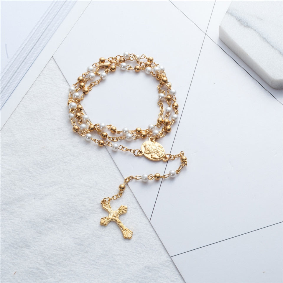 Rosary Necklace Jesus Christ Cross Pendant Necklaces Alloy Bead Long Chain Mens Women