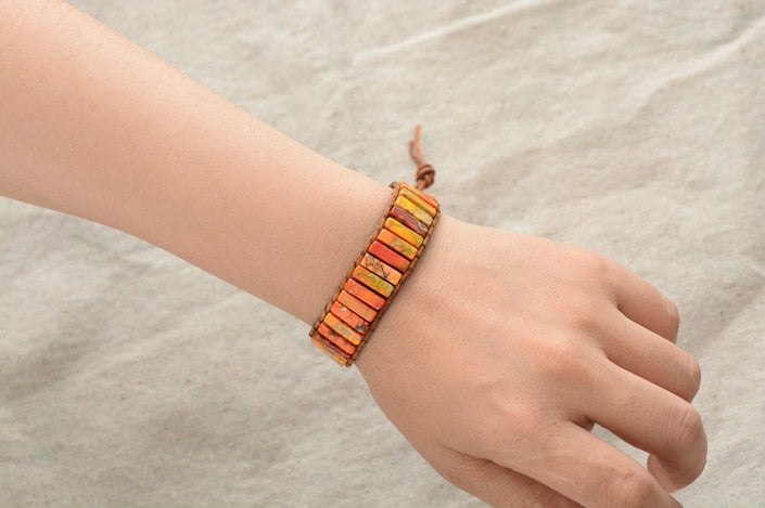 Tube Natural Stone Beaded Single Leather Wrap 