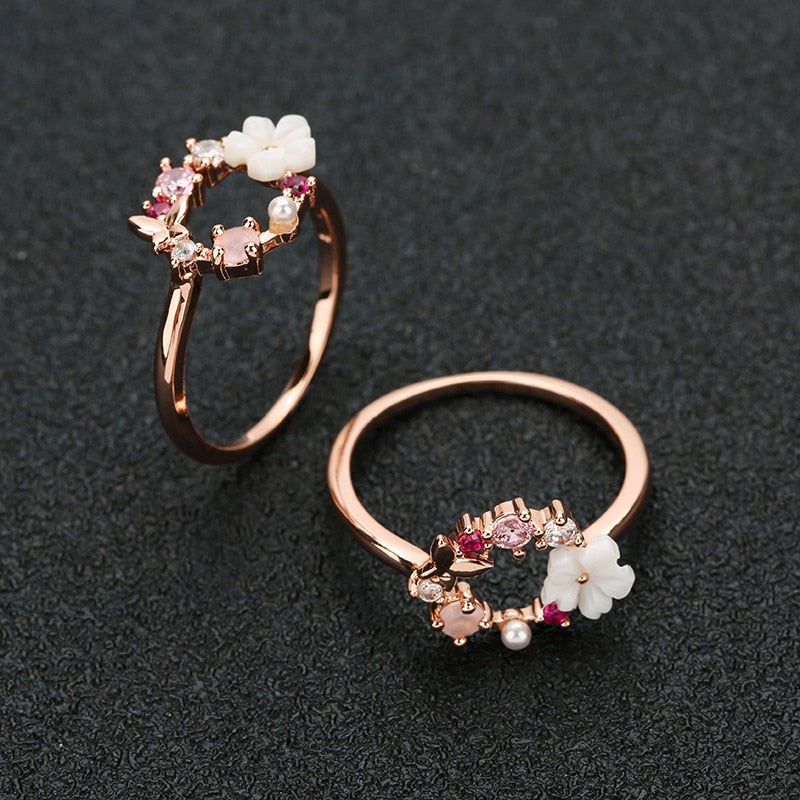 Butterfly Flowers Crystal Finger Wedding Rings
