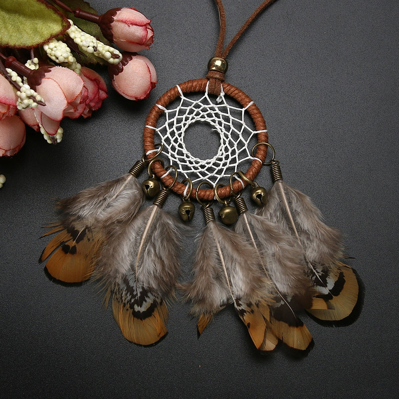 Retro Handmade Dreamcatcher Feathers With Bead Long Chain Necklace