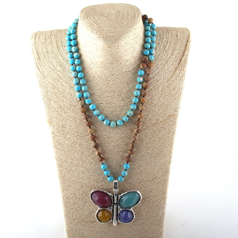 108 Beads Mala Multi Stone Knotted Butterfly Charm Pendant Necklace