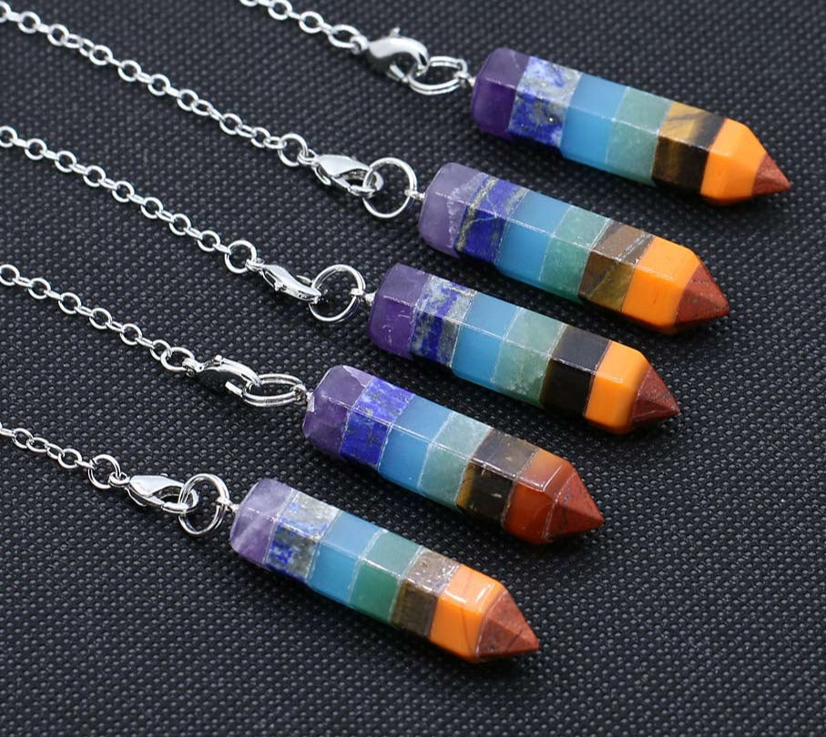 Charm Pyramid 7 Chakra Natural Gem Stone Rainbow Layered Dowsing Healing Point Pendant