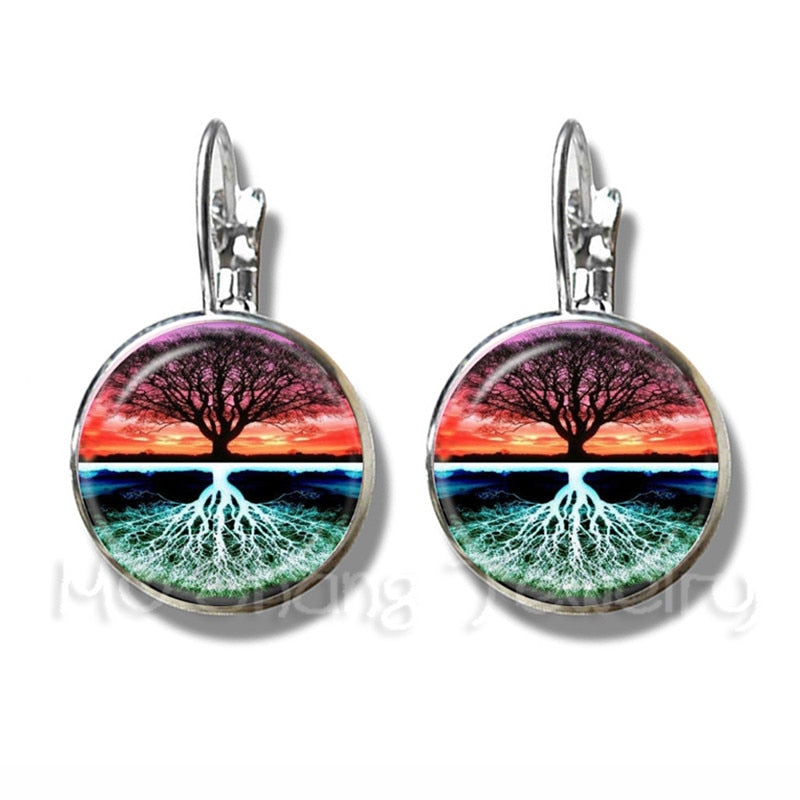 Tree of Life Glass Time Gem Earrings