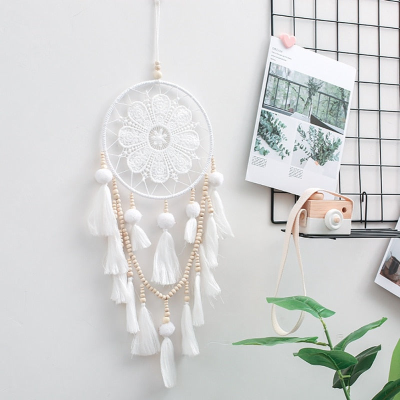 1Pcs Handmade Wind Chimes Dream Catcher Indian Style Woven Wall Hanging Decoration White Dreamcatcher Wedding Party Decor
