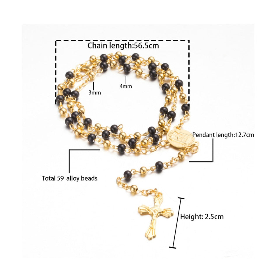 Rosary Necklace Jesus Christ Cross Pendant Necklaces Alloy Bead Long Chain Mens Women