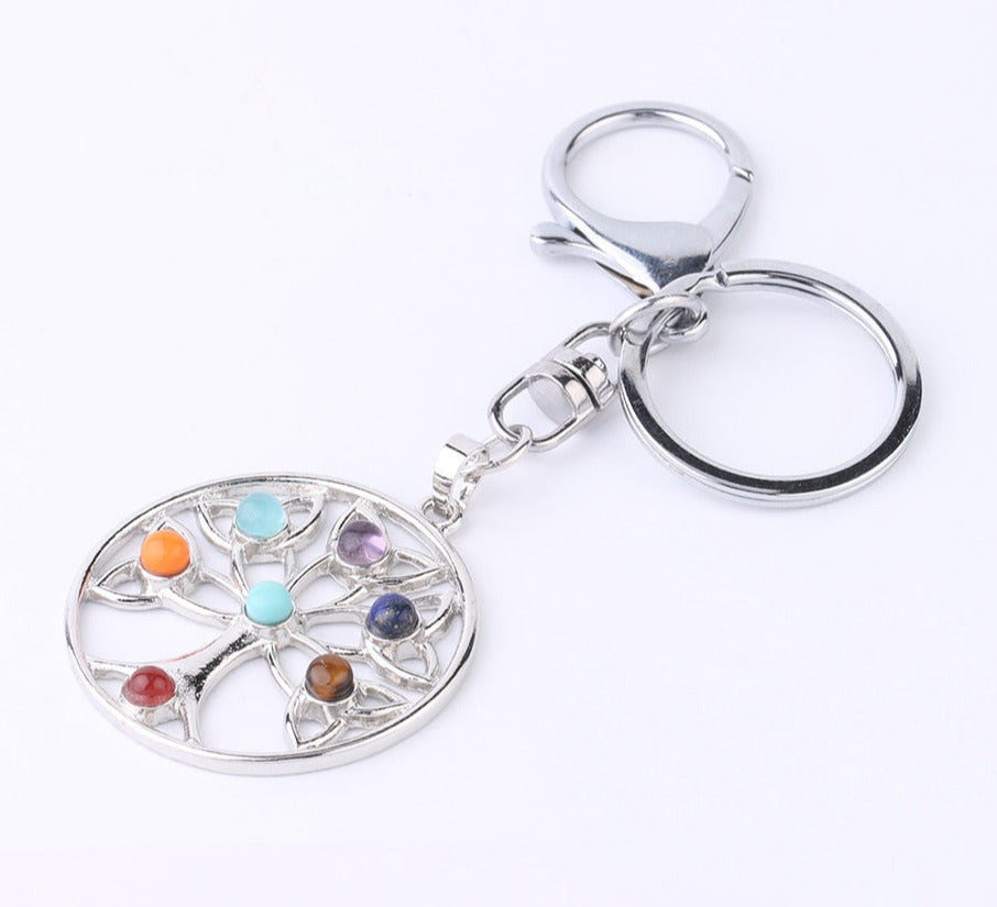 Reiki 7 Chakra Stones Keychain Tree of Life
