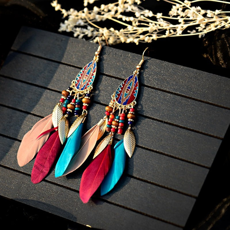 Bohemian Feather Tassel Earrings