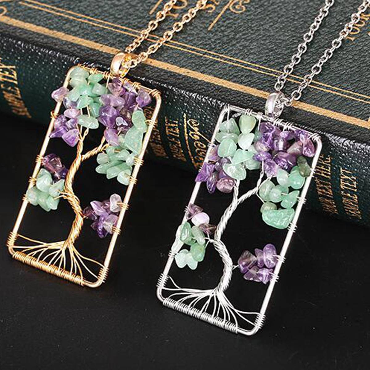 Natural Stone Amethysts Gravel Square Tree Of Life Pendant Necklaces