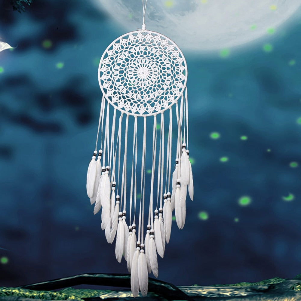 DreamCatcher Hanging White Lace Flower Feather Home and Car Decoration