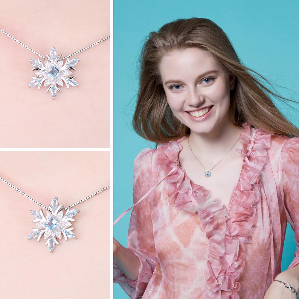 Snowflake Natural Swiss Blue Topaz Pendant Necklace