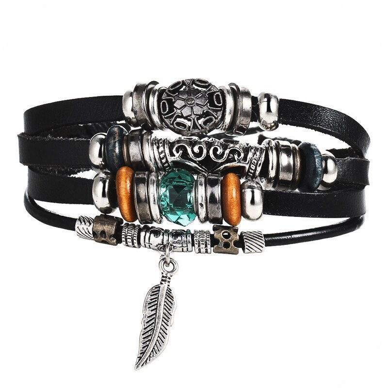 Leaf Feather Multilayer Leather Bracelet