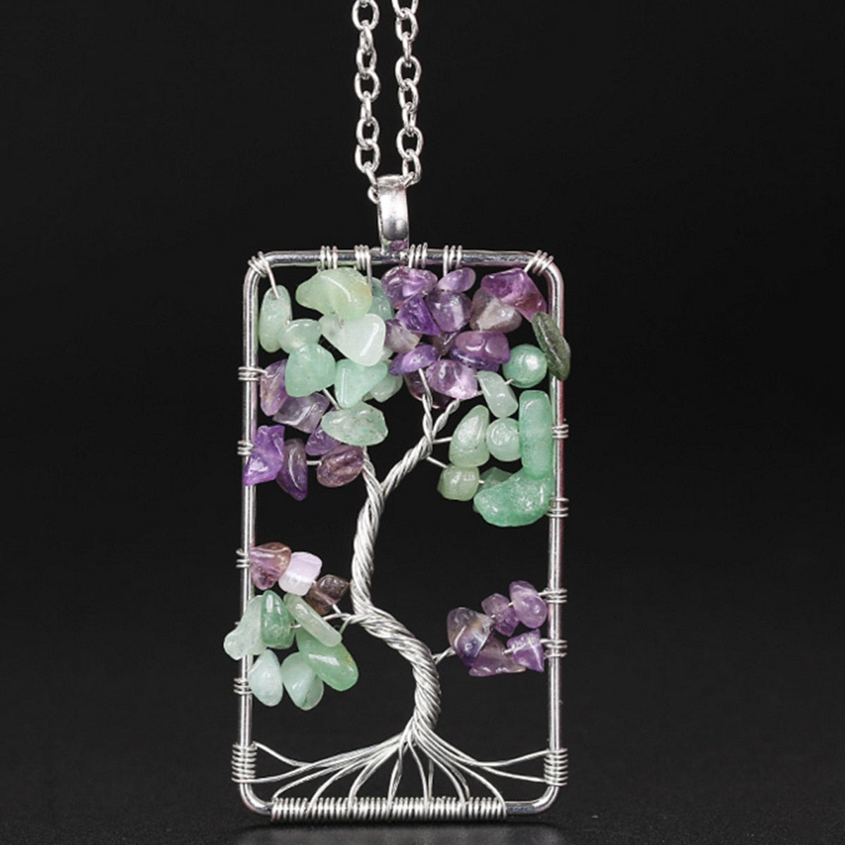 Natural Stone Amethysts Gravel Square Tree Of Life Pendant Necklaces