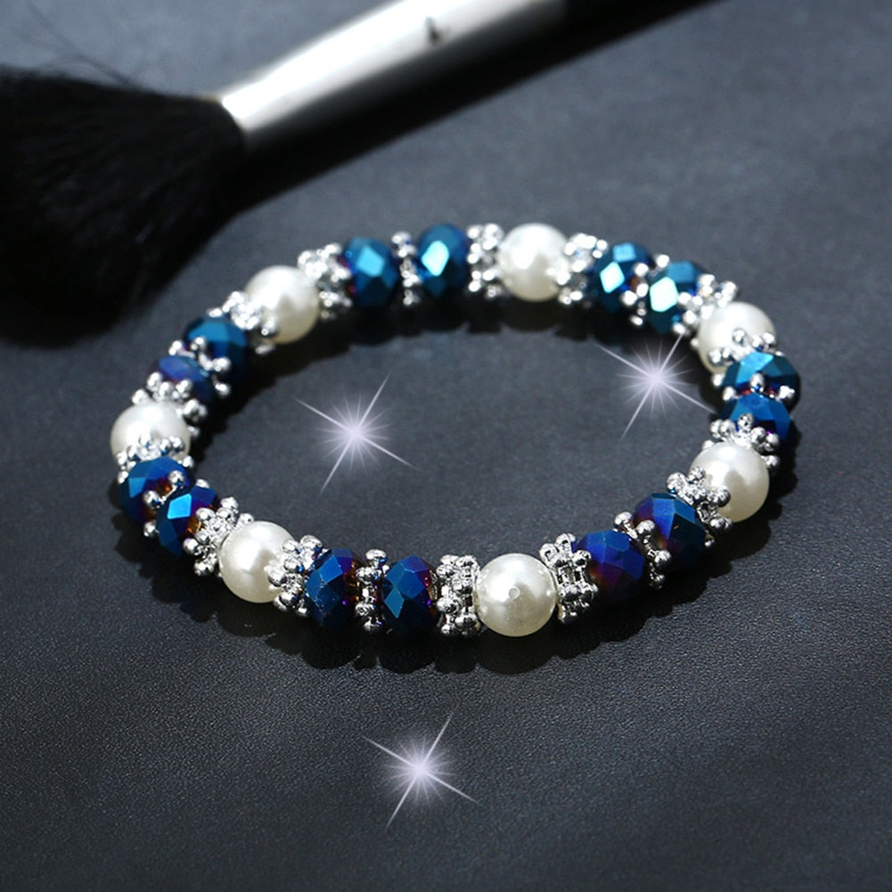 Shiny Colorful Bangle Rhinestone Faux Pearl Charm Bracelets for Women