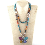 108 Beads Mala Multi Stone Knotted Butterfly Charm Pendant Necklace