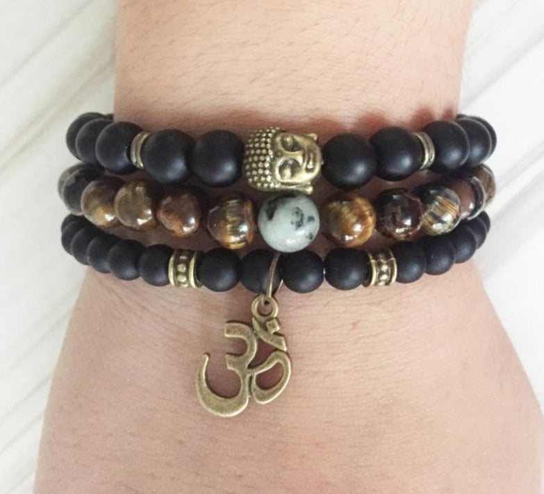 Mala Healing beads Tiger eye Matte Onyx Bronze Buddha Yoga Bracelets
