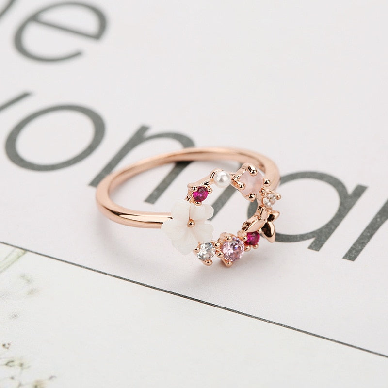Butterfly Flowers Crystal Finger Wedding Rings