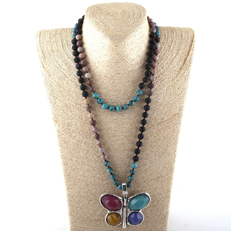 108 Beads Mala Multi Stone Knotted Butterfly Charm Pendant Necklace