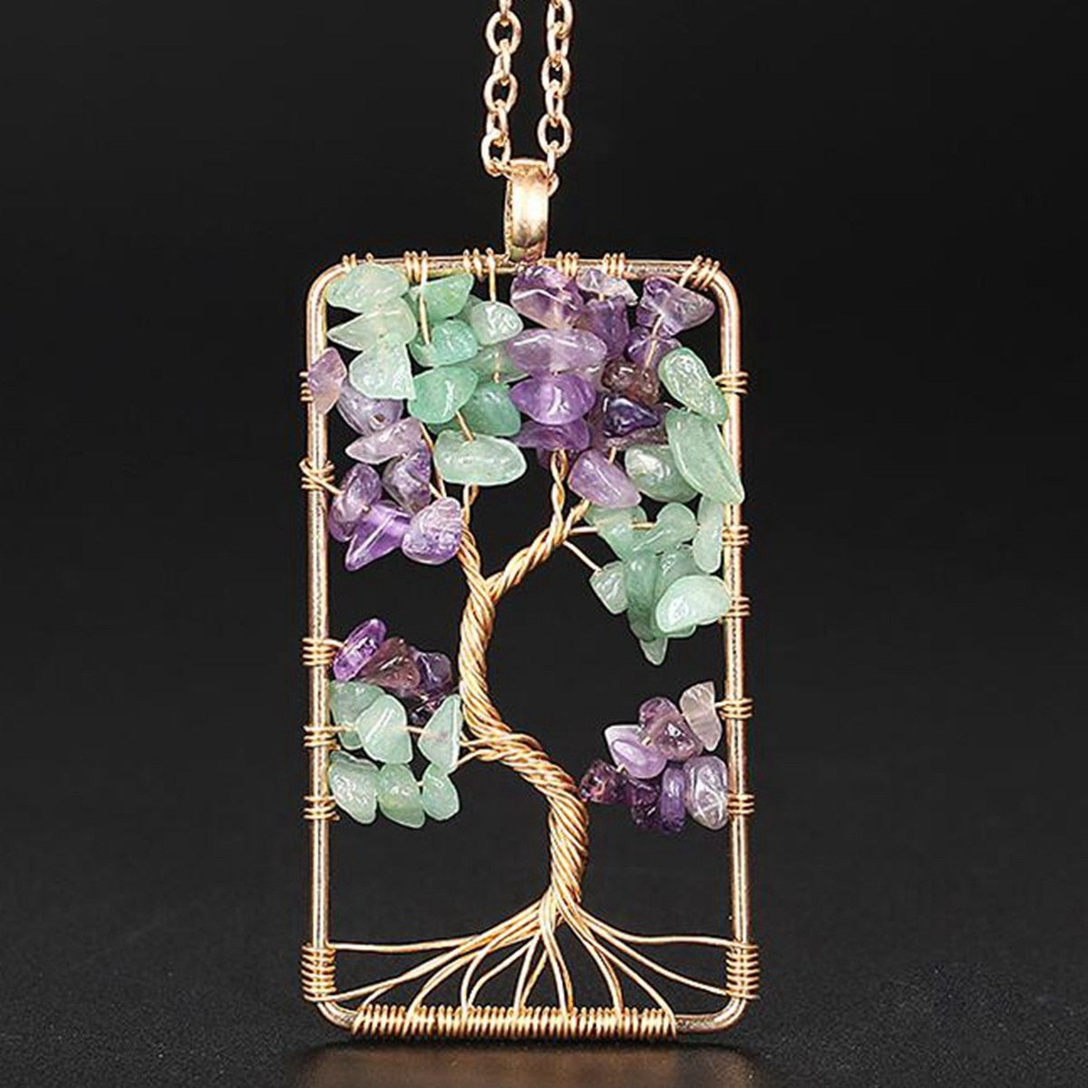 Natural Stone Amethysts Gravel Square Tree Of Life Pendant Necklaces