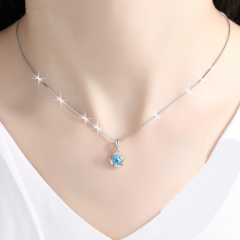 blue crystal pendant female zircon retro S925 sliver Necklace